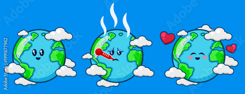 Cute Cartoon Earth Characters Illustrating Global Warming and Environment