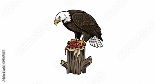 Brown eagle with white head gripping bloody prey on a wooden stump