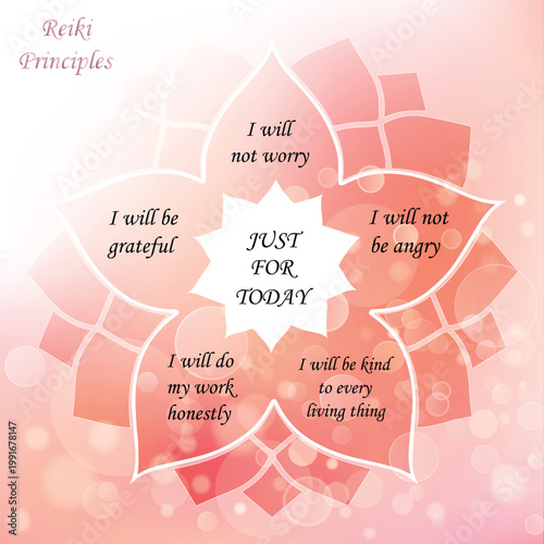 Five Reiki Principles on Pink Lotus Flower Background with Crystals. Spiritual Affirmations "Just For Today" for Meditation, Healing, and Mindfulness. Holistic Wellness Graphic Illustration.