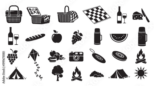 Picnic and outdoor recreation icon set, black silhouette summer camping elements, 25 vector symbols for park leisure and hiking activities