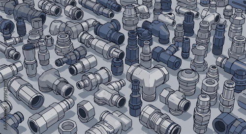Assortment of metallic pipe fittings, varying shapes, blue and grey tones