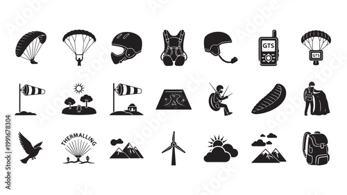 Paragliding and extreme sports icons set, 21 black vector silhouettes of paraglider equipment and mountain flying gear, outdoor adventure symbols