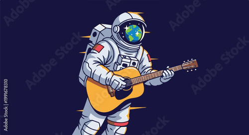 Astronaut in a spacesuit plays guitar with Earth in helmet against dark sky
