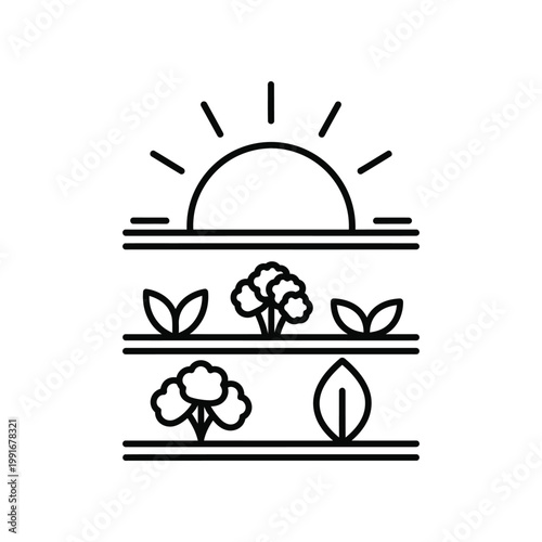 Linear outline icon of sunrise over garden beds with vegetables representing sustainable organic farming and agriculture