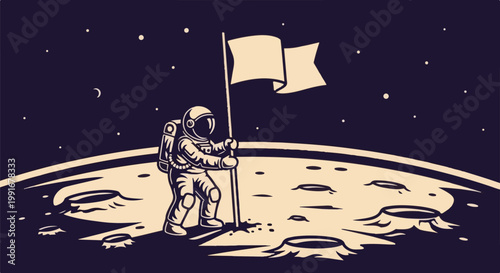 Astronaut planting a flag on the moon, with stars and crescent in the sky