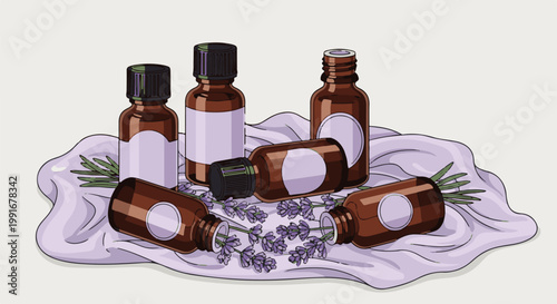 Brown glass bottles with purple labels and herbs on a draped cloth