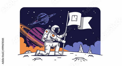 Astronaut planting flag on alien planet with Saturn-like planet in background