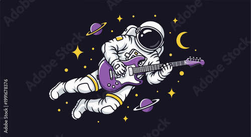Astronaut playing electric guitar in outer space among planets and stars