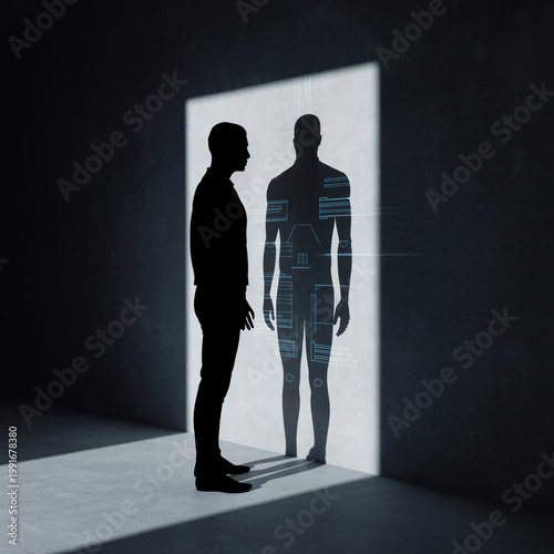 Human shadow turning into robot shadow, concept of AI replacing jobs, dark background