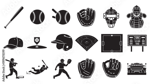 Baseball equipment and player icons set, black silhouette sports vector collection, professional league game elements for team branding and tournament graphics