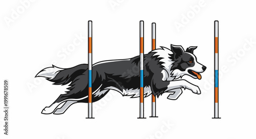 Athletic dog weaving through agility poles
