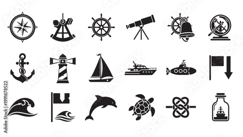 Nautical icons set with 18 maritime symbols, black sea navigation vector elements, marine adventure graphics for travel and sailing design