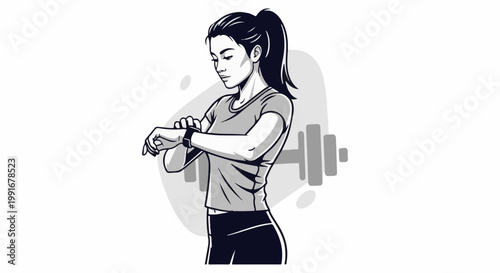 Athletic woman checking her smartwatch with gym weights in the background
