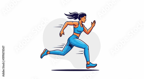 Athletic woman in blue activewear running with speed lines on white background