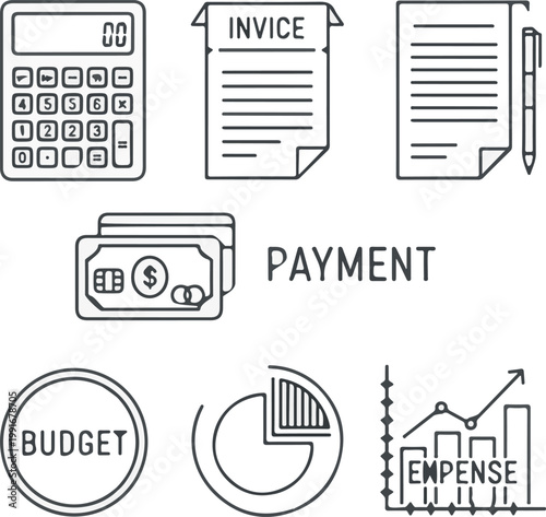 A versatile collection of outline icons illustrating key financial management tools, accounting principles, budget planning, and expense tracking for business.