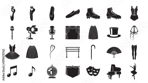 Performing arts and ballet icons set, theater and dance stage equipment silhouettes, 28 vector elements for musical and drama production