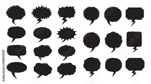 Collection of hand drawn black speech bubbles and comic book elements