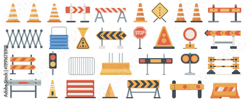 Traffic Signs and Road Barriers Set, Construction Safety Equipment Collection with Warning Symbols, Cones, Barricades, and Direction Signs, Vector Illustration for Roadwork, Transport, and Safety