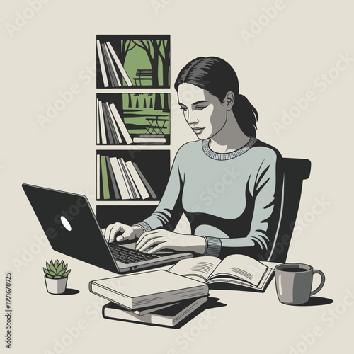 Foto seorang wanita bekerja di kantor