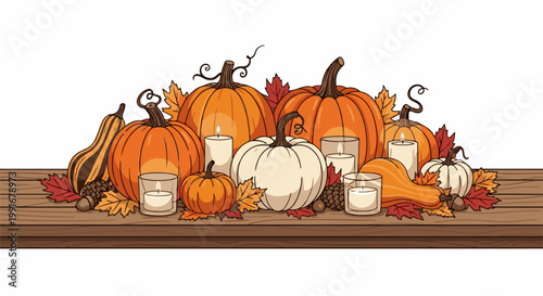 Autumn harvest display of pumpkins, squash, candles, and fall leaves on wood