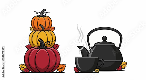 Autumn harvest pumpkins stacked beside steaming teapot and cup