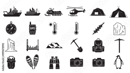 Arctic expedition icon set, 24 black vector symbols for polar exploration, winter adventure equipment and antarctic travel elements