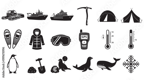 Arctic expedition icons set, 18 black polar exploration vector symbols, antarctic research and winter survival equipment collection for infographics