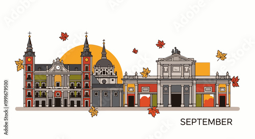 Autumn leaves fall around colorful buildings under a setting sun