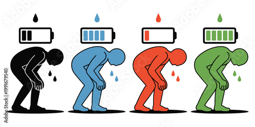 Burnout, exhaustion and fatigue icon set, tired human figures symbols, stress and low energy concepts, emotional strain and mental health mood indicators, vector illustration, flat graphics for 