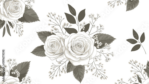 Seamless repeating pattern of monochrome grey rose bouquets and delicate greenery on a plain white background for elegant wallpaper designs and art.