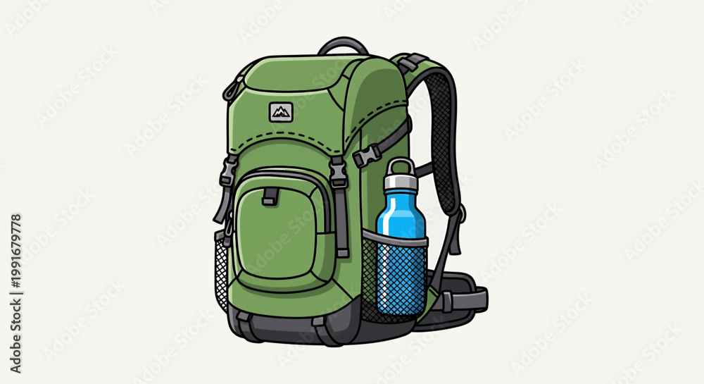 Naklejka premium Green Backpack with Water Bottle Ready for Adventure and Hiking.