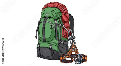 Green Backpack with Climbing Gear Ready for Adventure Outdoors.