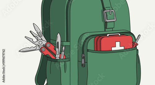 Green Backpack with First Aid Kit and Multi-Tool for Emergency.
