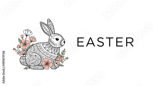 Adorable easter bunny illustration covered in intricate patterns and surrounded by pink flowers for a festive holiday greeting card design or poster.