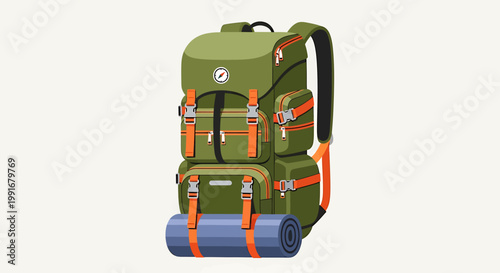 Green Backpack with Orange Straps and Blue Sleeping Pad for Hiking.