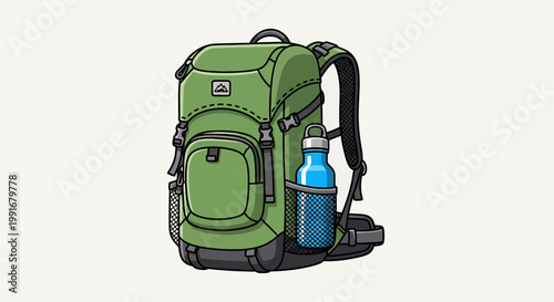 Green Backpack with Water Bottle Ready for Adventure and Hiking.