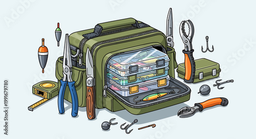 Green bag with fishing tackle tools.