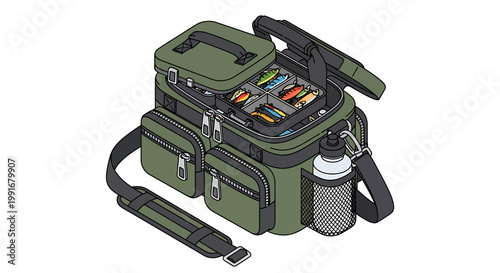 Green fishing tackle bag with multiple compartments and water bottle.