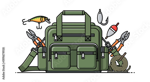 Green fishing tackle box with gear.