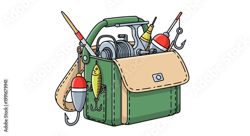 Green fishing tackle box with gear.