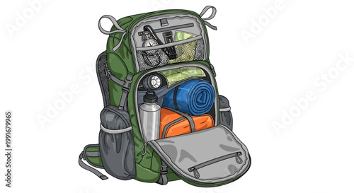 Green Hiking Backpack Packed with Camping Gear and Supplies.