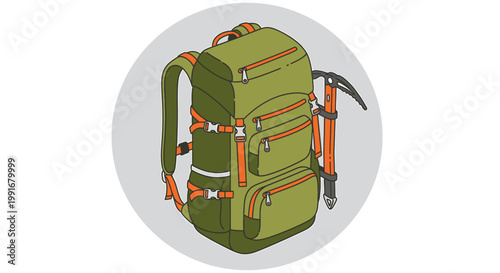 Green Hiking Backpack with Orange Straps and Ice Axe for Outdoor Adventures.