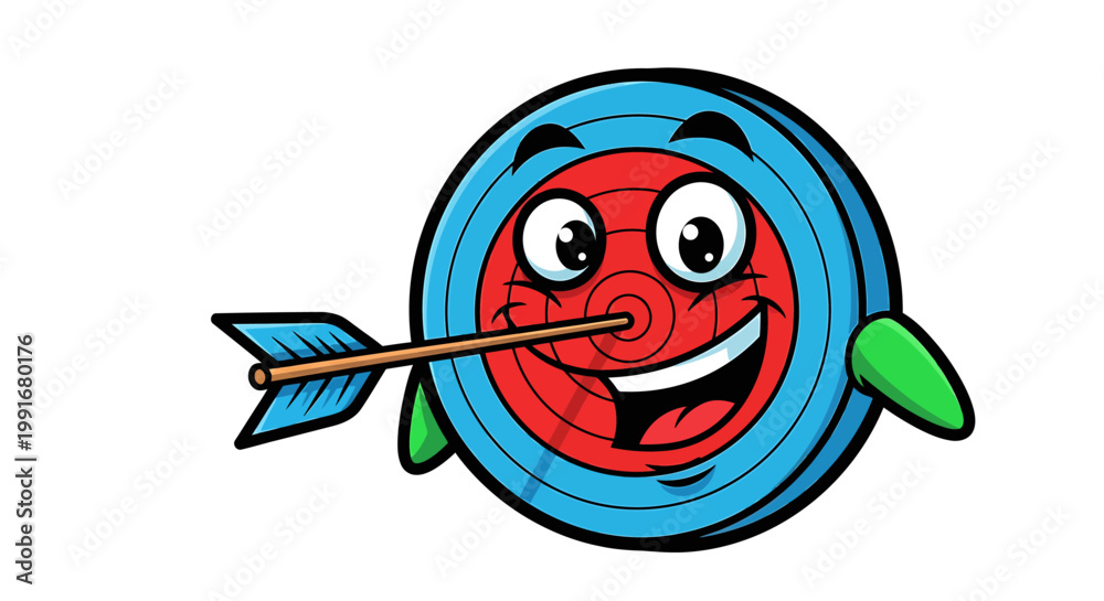 Fototapeta premium Happy Cartoon Target with Arrow, Smiling and Successful.