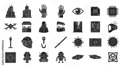 Cyberpunk futuristic icon set, 28 black silhouette sci-fi vector elements, dystopian technology and robotic symbols for gaming and interface design