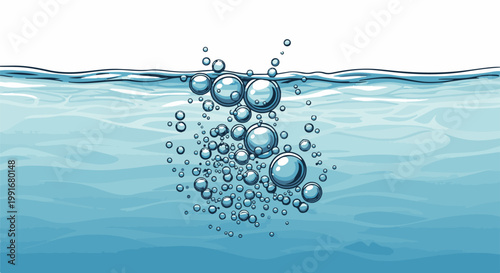 Bubbles rising through clear blue water