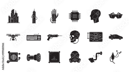 Cyberpunk futuristic icons set, 18 black solid vector elements, sci-fi technology and dystopian city symbols, high-tech hardware and robotic silhouettes