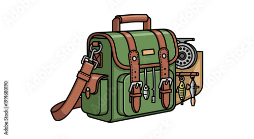 Green leather travel bag with straps.