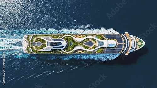 Aerial top down view of a futuristic cruise ship with green gardens and solar panels sailing in the dark blue ocean
