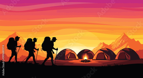 Hikers with backpacks and tents at sunset in mountains.