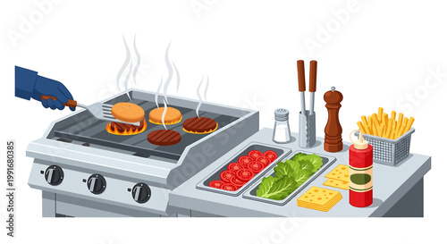 Grilled burgers on a grill with toppings.